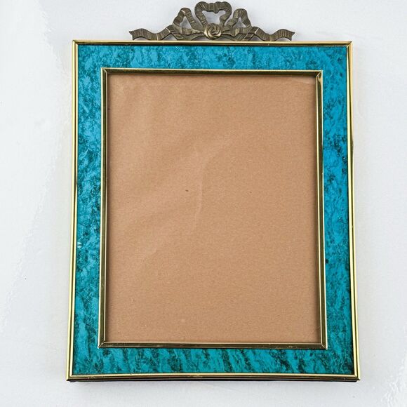 Vintage Turquoise Enamel & Brass Ribbon Bow Picture Frame 8x10 Ornate MCM Decor - Picture 1 of 9